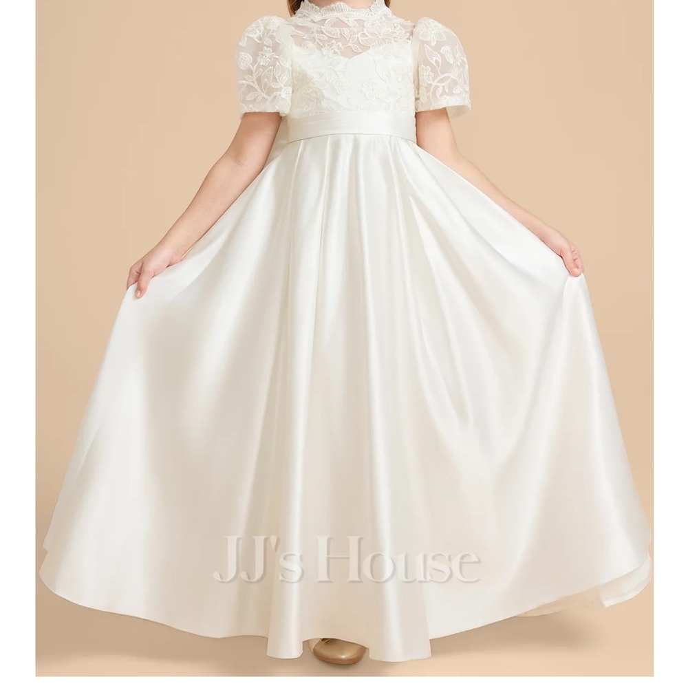 JJs House Ivory Lace Bodice Satin Full Skirt Flower Girl Dress